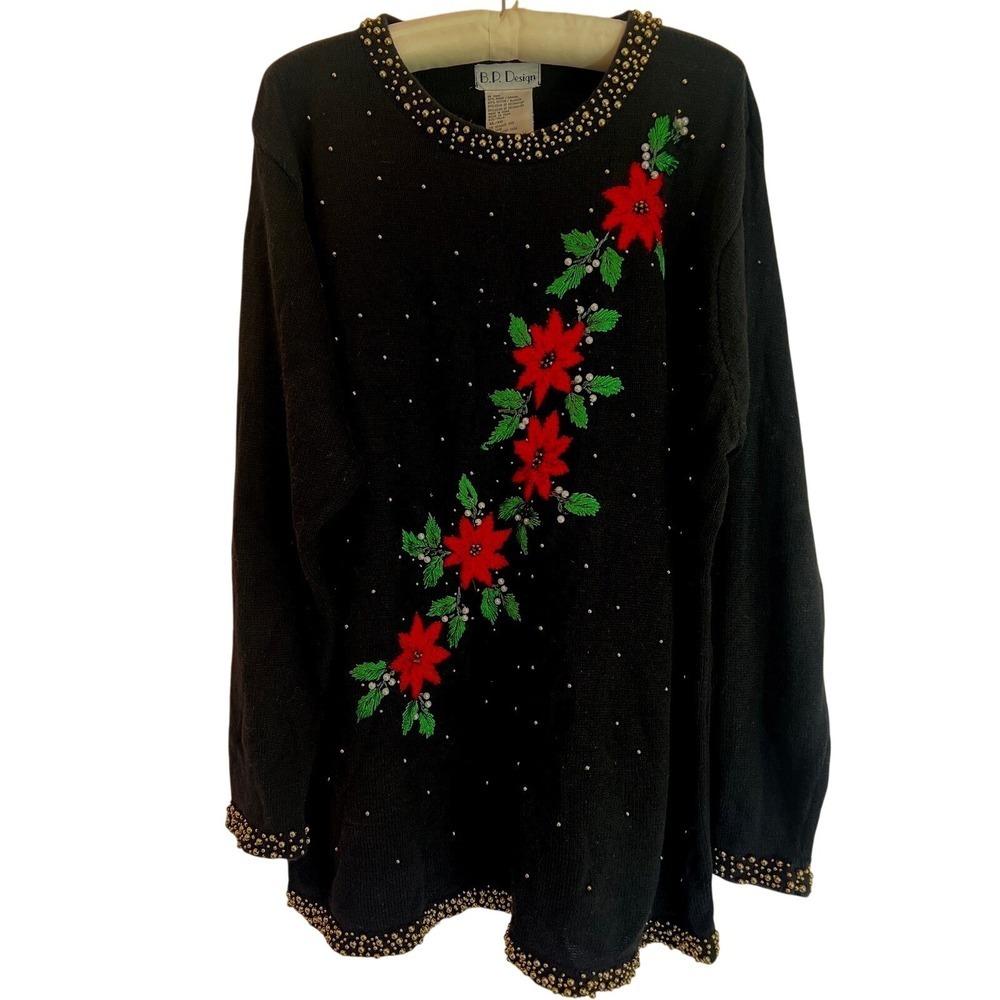 BD Design Women's XL Vintage Christmas Poinsettia Beaded Knit Sweater